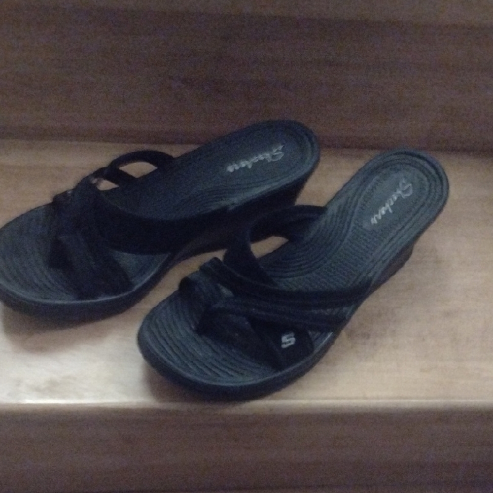 Skechers Black Wedge Shoes with Crisscross Straps